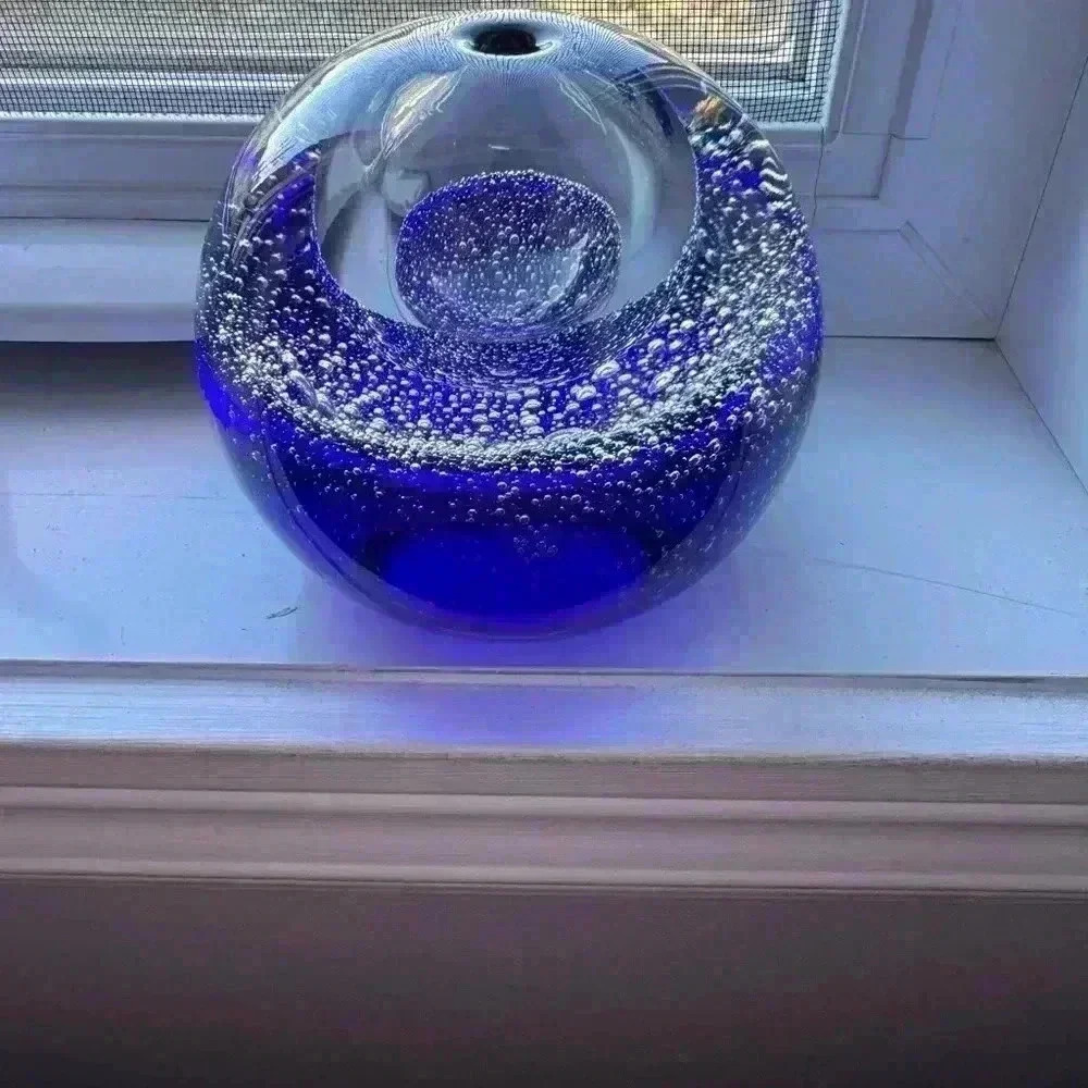 Cobalt blue paper weight, oil lamp or candle holder. Heavy sculptural decor